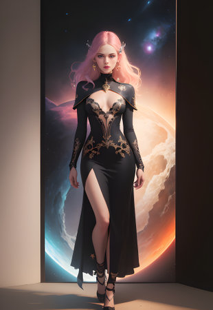 Fashion shot of a beautiful young woman with pink hair in black dressの素材