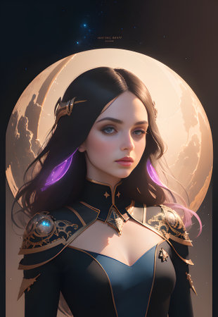 3D illustration of a beautiful woman in a futuristic costume with the moon in the backgroundの素材