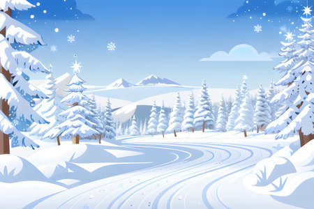 Winter landscape with snow covered fir trees and road. Vector illustration.の素材