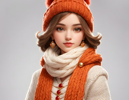 Winter fashion. Portrait of beautiful young woman in orange hat and scarfの素材