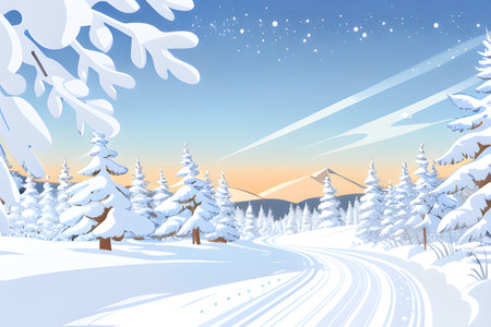 Winter landscape with snow covered fir trees and road. Vector illustration.の素材