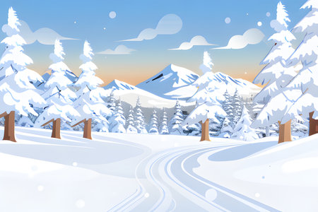 Winter landscape with snow covered trees and road. Vector Illustration.の素材
