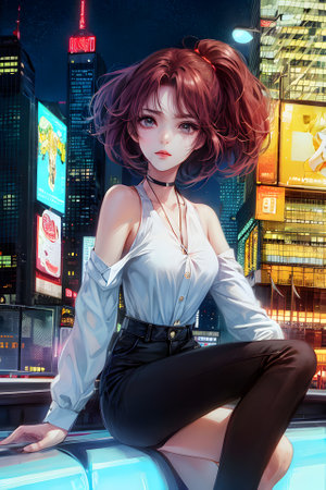 Beautiful young woman with red hair in the city. 3d rendering.の素材