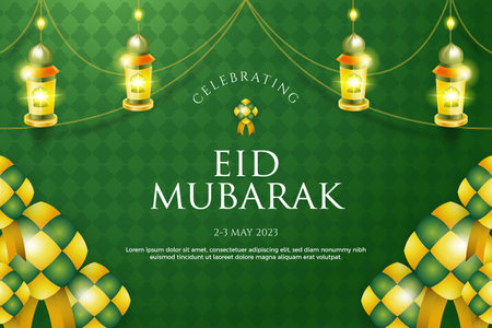 Eid Mubarak greeting card with arabic lanterns on green backgroundのイラスト素材