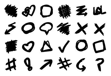 Vector set of hand drawn grunge textured doodle shapes.のイラスト素材
