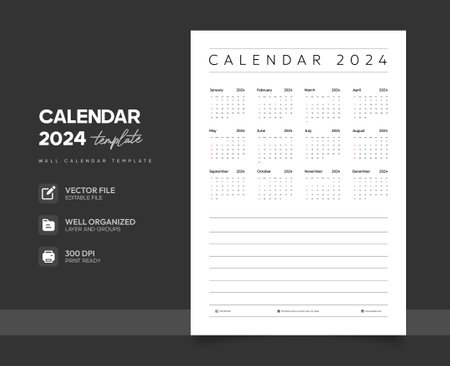 Calendar 2024 template. Week starts on Monday. Stationery design. Vector illustrationのイラスト素材