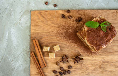 A piece of delicious tiramisu is the perfect breakfast or dessert. Star anise and cane sugar complete the compositionの写真素材