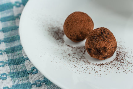 truffles with cocoa, coconut and sesame seeds with chocolate and marshmallows, delicious dessert on a white backgroundの写真素材