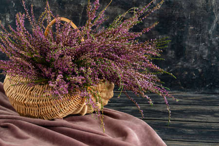 Basket with flowers on a black background, lilac heatherの写真素材