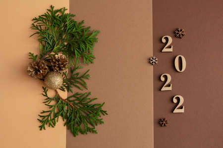 2022, Stylish christmas composition on a brown and beige background, spruce branches and christmas...