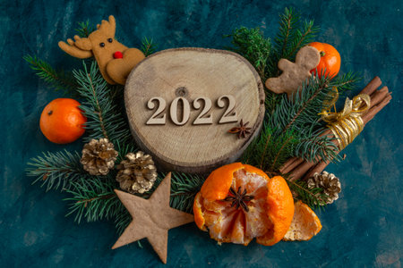Christmas and New Year 2022 compositions, tangerines, oranges, gingerbreadの写真素材
