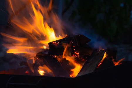 fire in the grill at night close-up, fire flame