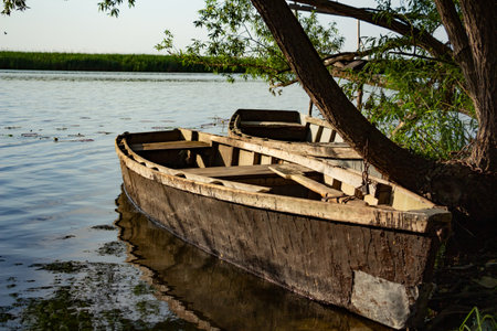 boat moored near the river bank, wooden fishing boat in the villageの写真素材