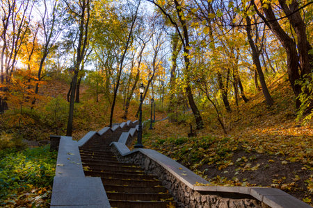 Stairs in autumn city park, autumn colors, nature and peace, fallの写真素材