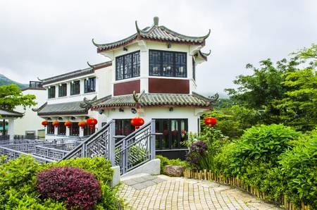 Hong Kong Chinese Culture Architecture On The Peak Of The Mountain With Mist On The Backgroundの写真素材