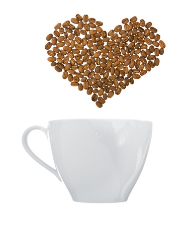 coffee art - coffee cup with heart-shaped steam made of coffee beans; isolated on white background;の写真素材