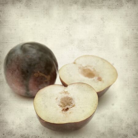 textured old paper background with large red plum fruitの写真素材