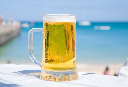 beer in seaside cafeの写真素材