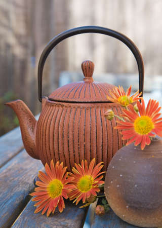 autumn tea with traditional japanese cast iron teapotの写真素材
