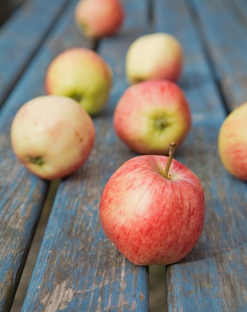 red apples on old garden tableの写真素材