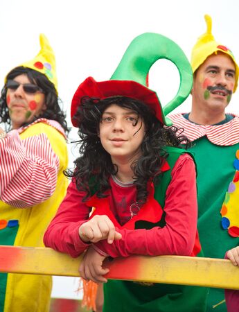 CORRALEJO - MARCH 17: Dressed-up participants on a carnival Float at Grand Carnival Parade, March...