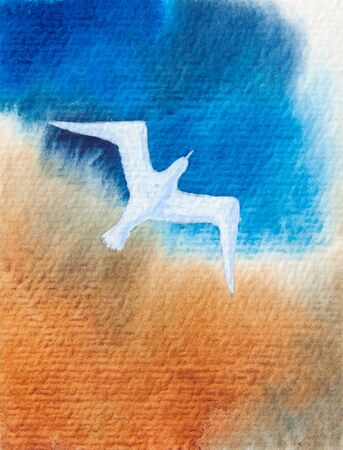 Small watercolor painting of a seagull in flightの写真素材