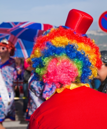PUERTO DE LA CRUZ, SPAIN - February 16: Colorfully dressed participants take part in main carnival parade on February 16, 2013 in Puerto de la Cruz, Tenerife, Spainのeditorial素材