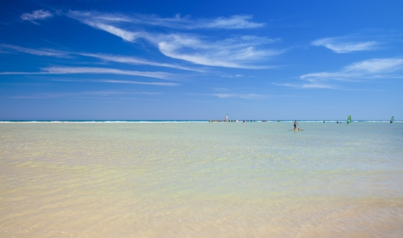 Fuerteventura, Playa De Sotavento on Jandia peninsula, salt water lagoon protected from the open ocean by a sandbankのeditorial素材