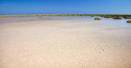 Fuerteventura, Playa De Sotavento on Jandia peninsula, salt water lagoon protected from the open ocean by a sandbankの写真素材