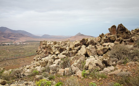 Northern Fuerteventura, Canary Islands, view south from Montana de Arena, rock formations covered with lichensの写真素材