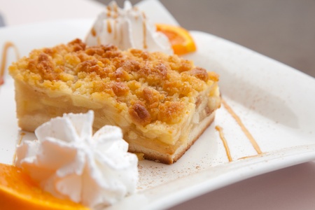 crumble apple cake in a cafeの写真素材