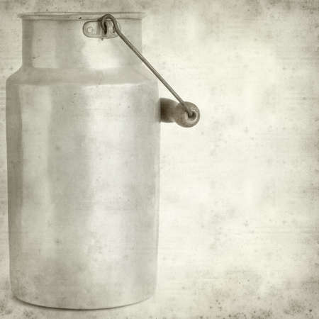 textured old paper background with aluminium milk pailの写真素材
