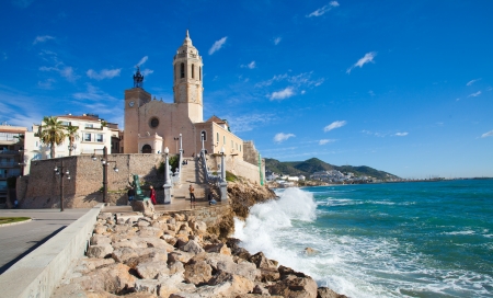 Sitges, 17th century seaside church of Sant Bartomeu i Santa Teclaのeditorial素材