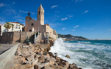 Sitges, 17th century seaside church of Sant Bartomeu i Santa Teclaの写真素材