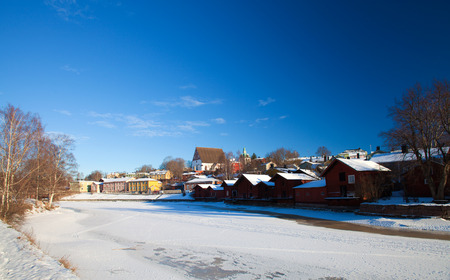 Porvoo, Finland - winter view across the river towards old townの写真素材