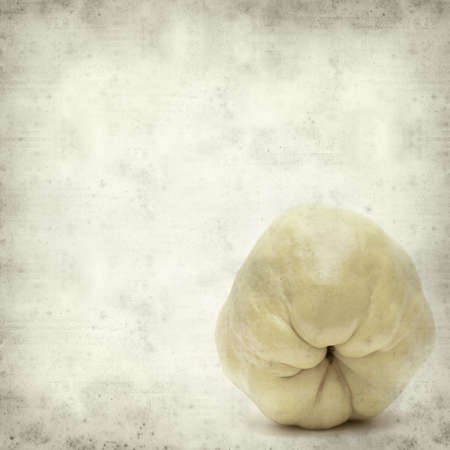 textured old paper background with yellow ripe quince fruitの写真素材