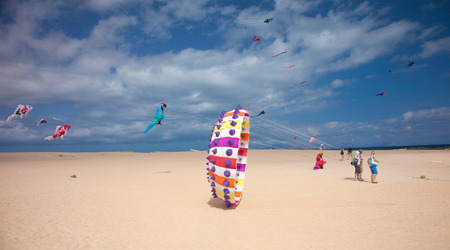 FUERTEVENTURA, SPAIN - NOVEMBER 08: Viewers watch from the ground as multicolored kites fill the sky at 27th International Kite Festival, November 08, 2014 in Dunes of Corralejo, Fuerteventura, Spainのeditorial素材