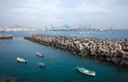 Las Palmas de Gran Canaria, December 2014, fishing boats, sailing lessons and container port in the backgroundのeditorial素材