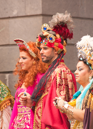 Gran Canaria Carnival 2015, people in colorful costumes, murgas performanceのeditorial素材