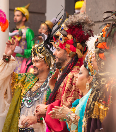 Gran Canaria Carnival 2015, people in colorful costumes, murgas performanceのeditorial素材