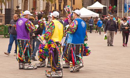 Gran Canaria Carnival 2015, people in colorful costumes, first procession of the carnival in old town Veguetaのeditorial素材