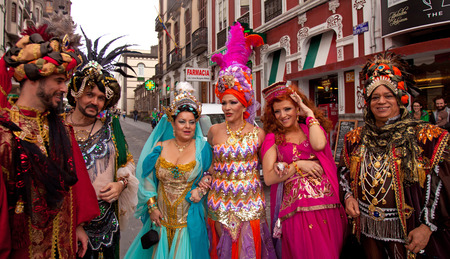 Gran Canaria Carnival 2015, people in colorful costumes, first procession of the carnival in old town Veguetaのeditorial素材