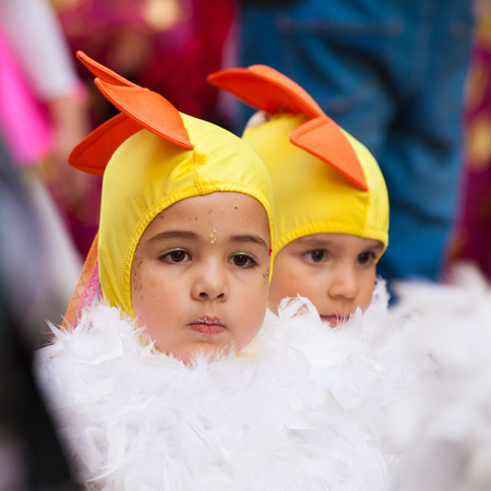LAS PALMAS - February 17: Participants in bright costumes take part in Children carnival  parade, February 17, 2015 in Las Palmas, Gran Canaria, Spainのeditorial素材