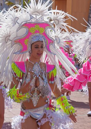 LAS PALMAS - February 17: Samba drummer and dancer groups take part in the Las Canteras beach carnival  parade, February 17, 2015 in Las Palmas, Gran Canaria, Spainのeditorial素材