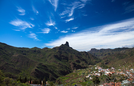 Gran Canaria, February, Caldera de Tejeda, wispy clouds over Roque Bentaygaの写真素材