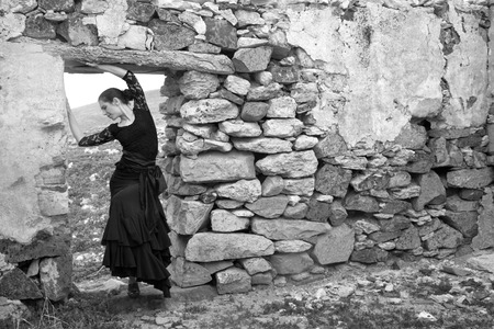 Flameco dancer in a ruined house, abandoned farmの写真素材