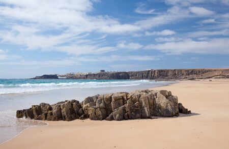 Fuerteventura, Canary Islands, beach Playa del Castillo next to El Cotillo village, temporary Lagoon on the beachの写真素材