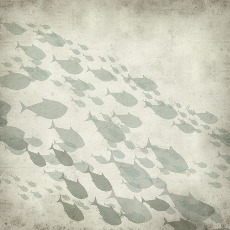 textured old paper background with many swimming fishの写真素材