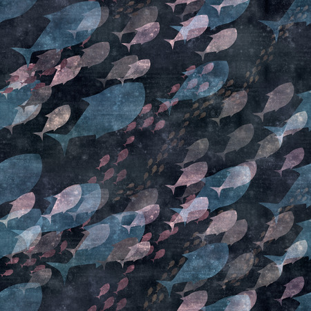 seamless repeatable old paper background with swimming fish, square, drakの写真素材