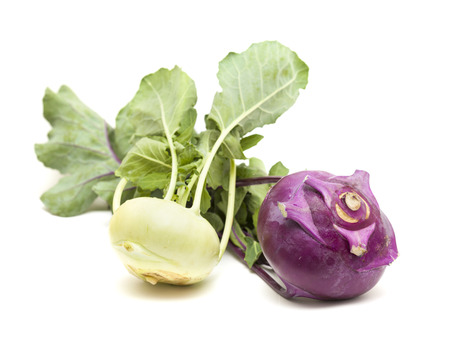 Two Kohlrabi cabages isolated on whitebackgroundの写真素材